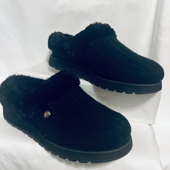 Bobs Skechers Memory Foam Women's Clog Slip On Slippers-Faux Fur/Black Knit-Warm - Picture 1 of 15